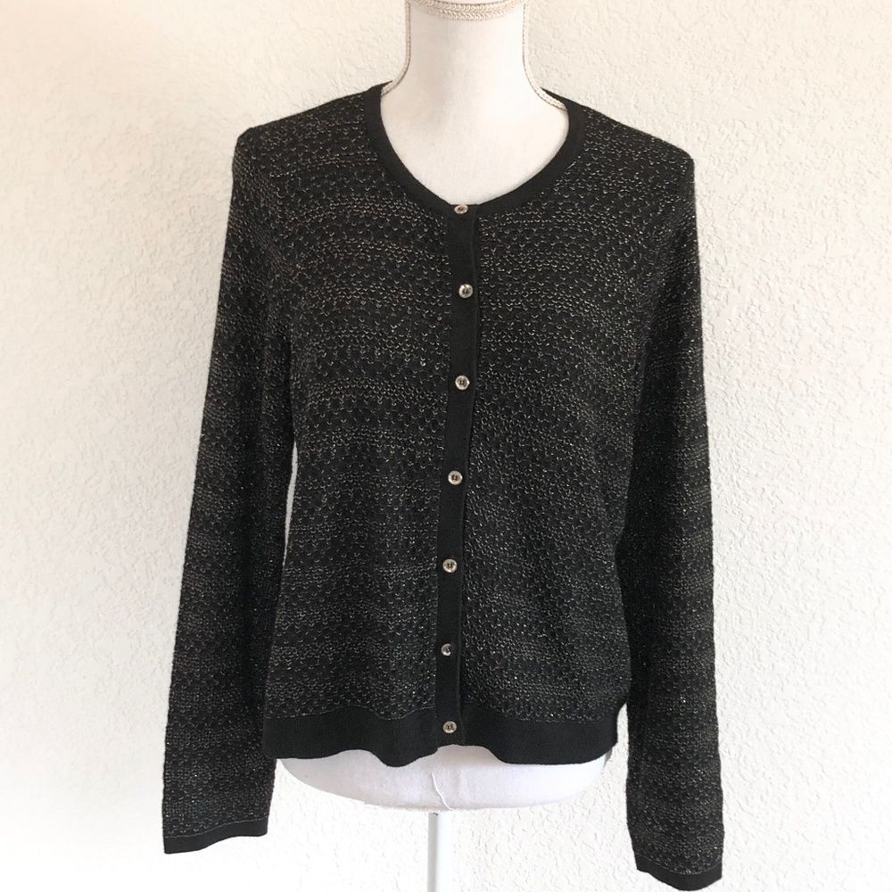 Neiman Marcus Black Gold Shimmer Sheer Button Down Long Sleeve Cardigan Medium